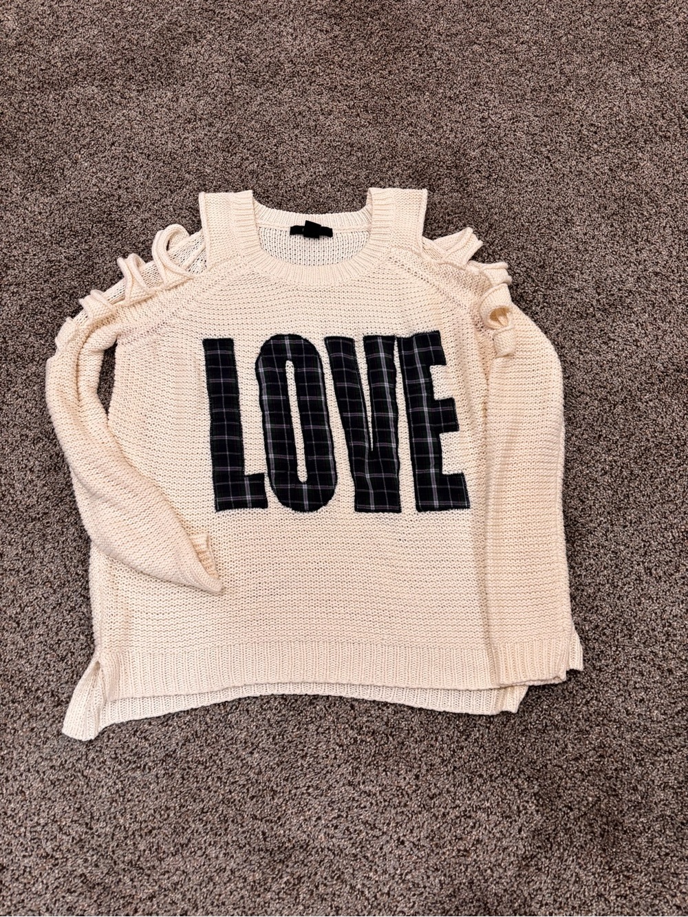 Forever 21 Cream Cold-Shoulder Knit Sweater with Black Plaid LOVE